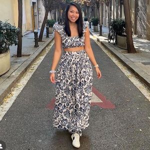 Anthropologie Forever That Girl Top & Skirt Set Blue Motif Small